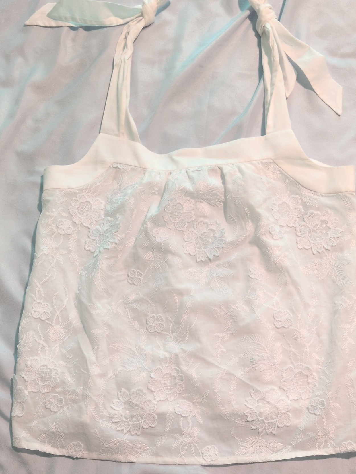 Loft Size Xs White Cotton Tank With Tie Straps Flower Embroidery